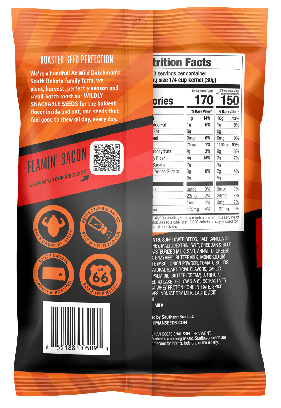 FLAMIN' BACON FLAVORED SUNFLOWER SEEDS • 5.5 OZ/12 pack