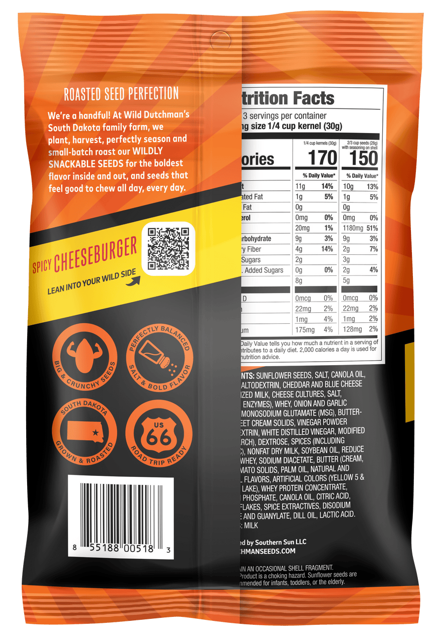 SPICY CHEESEBURGER FLAVORED SUNFLOWER SEEDS • 5.5 OZ/12 pack